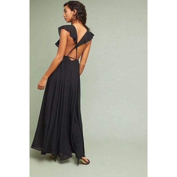 NEW $268 ANTHROPOLIGIE YUMI KIM Sz XXS FULL BLOOM OPEN BACK MAXI DRESS BLACK - Picture 6 of 7